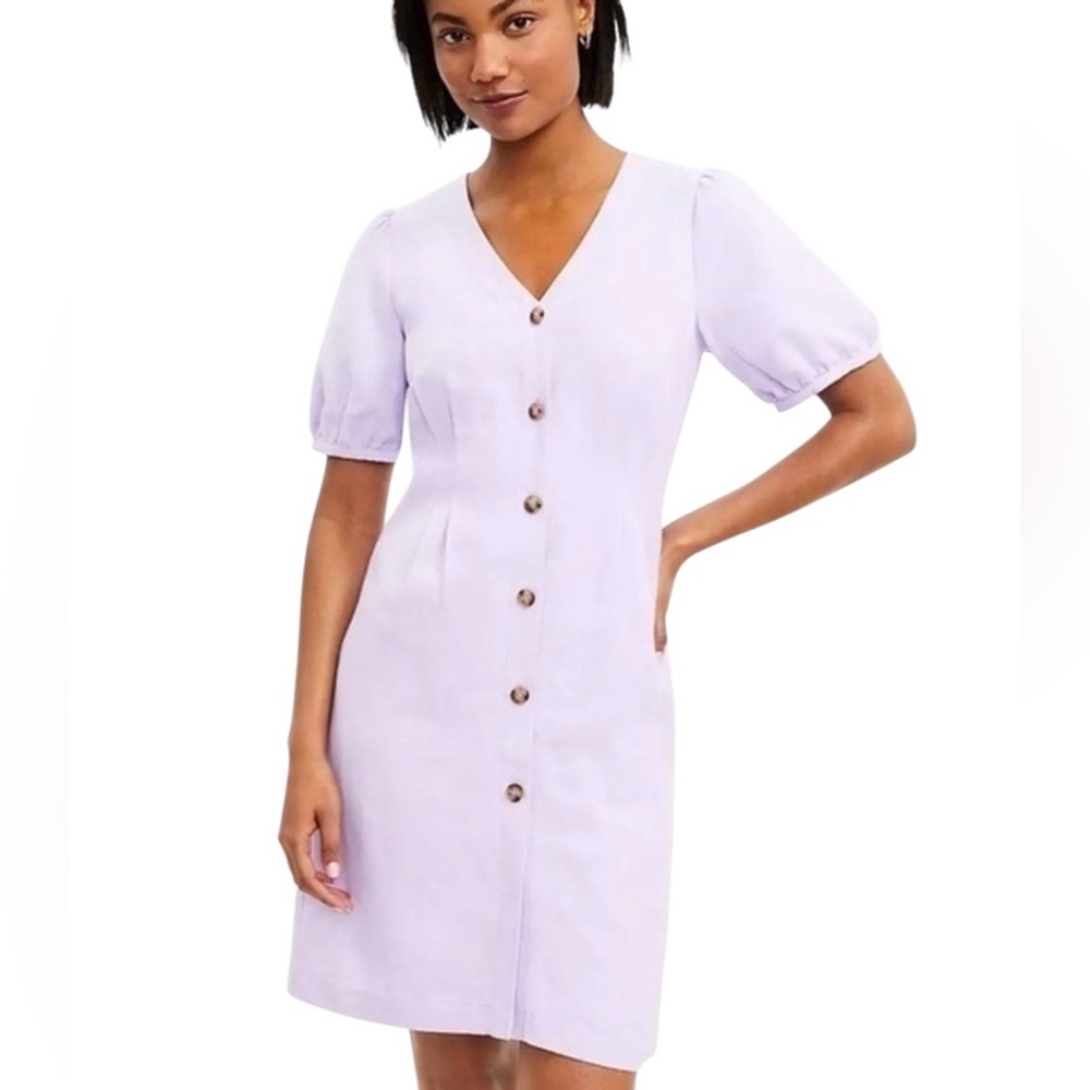 Loft Linen Blend Lilac Button-Front Linen V-Neck Dress Size 8
